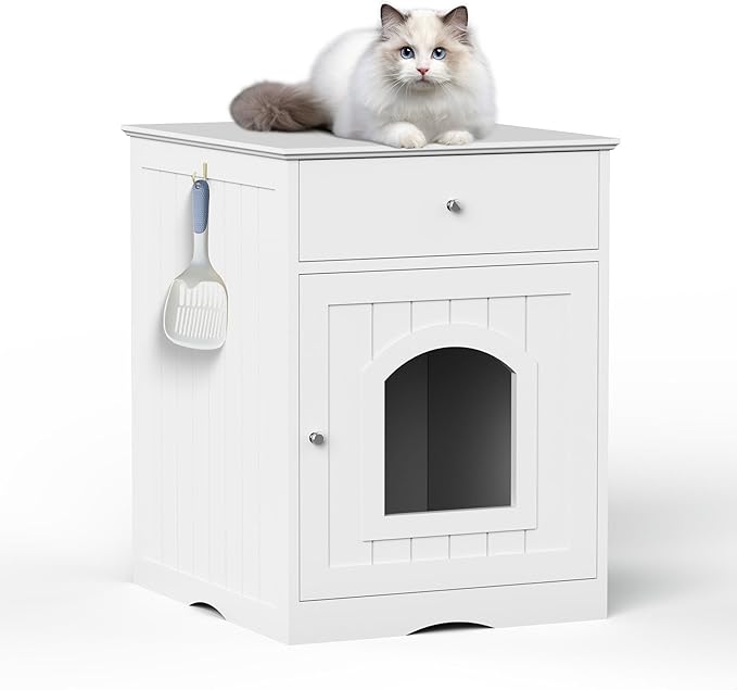 GDFStudio Cat Litter Box Enclosure Furniture, Hidden Litter Box Cabinet with Drawer & Door, Decorative Litter House, Covered Cats Shelter Nightstand, Cat Boxes Enclosure Fits Most Cats, White