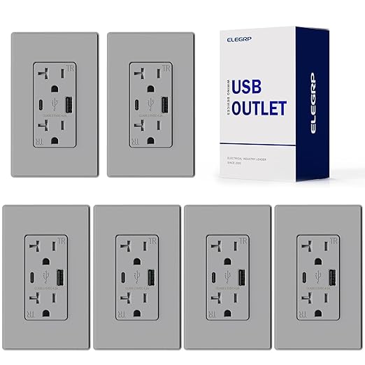 ELEGRP USB Charger, Wall Outlet with USB A & C Ports, 20 Amp Duplex Tamper Resistant Receptacle Plug NEMA 5-20R, Wall Plate Included, UL Listed, 6 Pack, Matte Grey