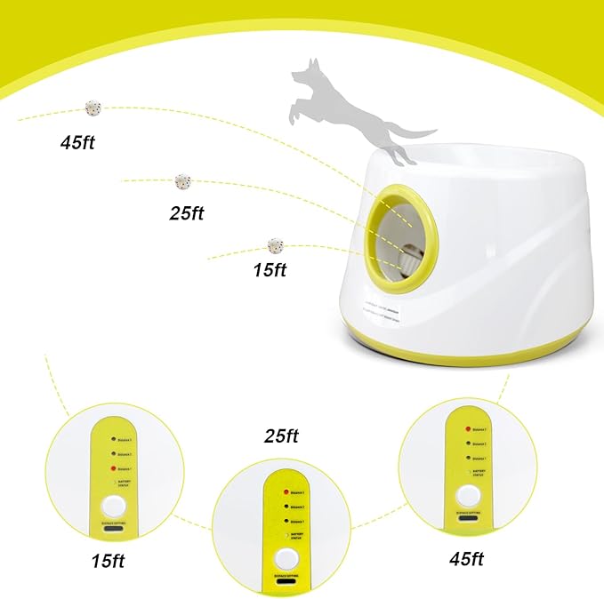 Automatic Dog Ball Launcher with 6 ETPU Balls, White, Adjustable Distance 20-45ft, USB Rechargeable, Interactive Pet Toy-Blue (Yellow)