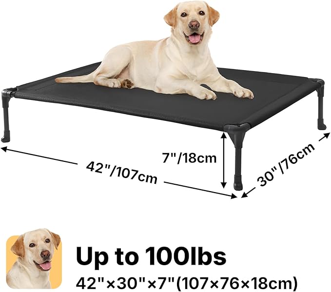 Veehoo Outdoor Elevated Dog Bed Large Sized Dogs, Large Cooling Raised Dog Cots Beds Training Platform Off Ground Hammock with Breathable Mesh, No-Slip Feet, 42"x30", Black