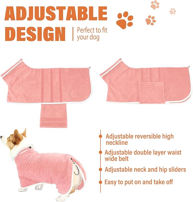 Dog Robe - Fast Drying Towel - Microfiber Super Absorbent Pet Bathrobe, Adjustable Collar & Belly Strap (Pink, Medium)