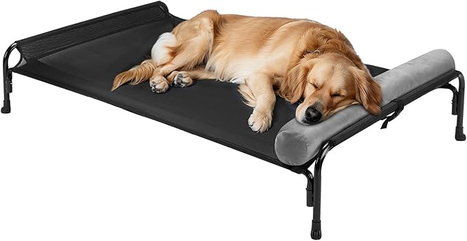 Veehoo Large Elevated Dog Bed, Outdoor Raised Dog Cot Hammock Bed with One-Sided Removable Headrest Bolster, Cooling Breathable Washable Teslin Mesh, Off Ground, Anti-Slip, XL, CWC2204BCP