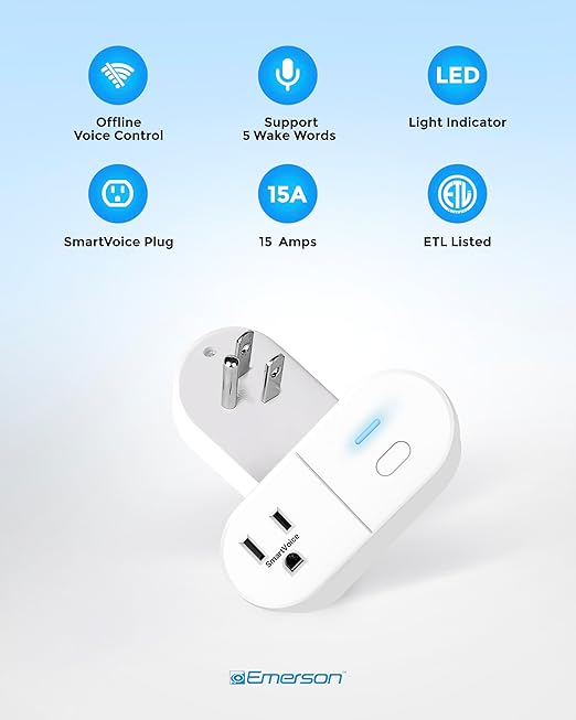 Emerson SmartVoice ES513 Wall Plug, Offline 30+ Voice Control Commands - No APP, No WiFi, No Setup, Smart Outlet Extender for Home and Office, Sleep & Wake Timer, ETL Listed