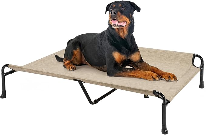 Veehoo Elevated Dog Bed, Raised Dog Cots for Large Dogs, Waterproof Outdoor Dogs Bed, Cooling Pet Hammock with Guardrail, Upgraded Non-Slip Feet, Breathable Teslin Mesh, Beige, 47 x 29 inches