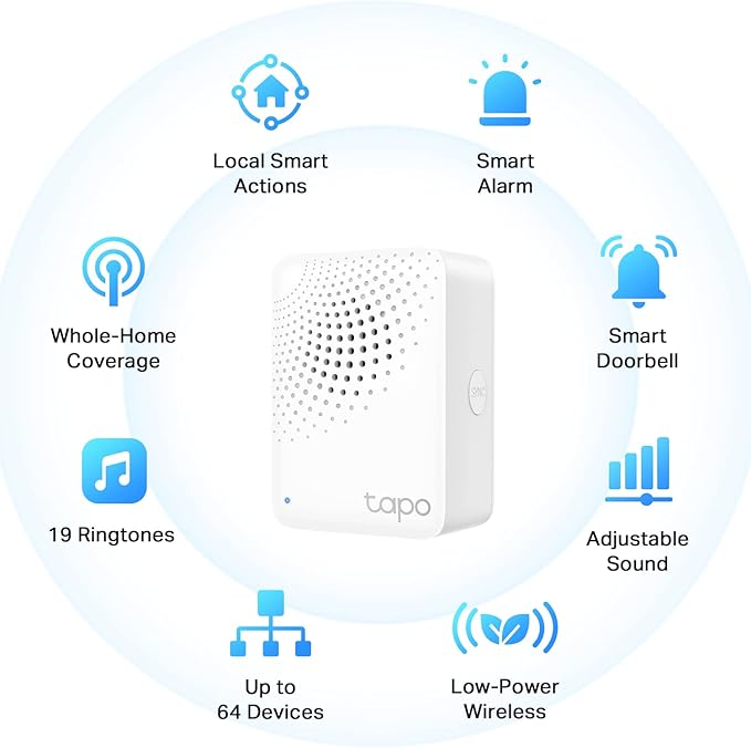 Tapo Smart Hub with Built-in Chime, REQUIRES 2.4GHz Wi-Fi, Reliable Long-Range Connections with Tapo Sensors, Sub-1G Low-Power Wireless protocol, Connect up to 64 smart devices (H100)
