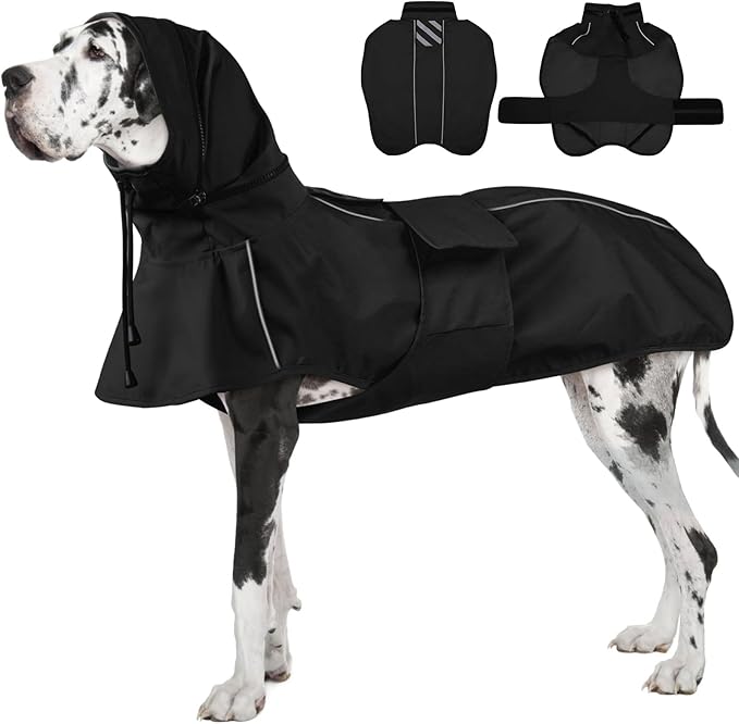 Dog Raincoat, Waterproof Rain Jacket for Large Dogs Poncho with Leash Hole Convertible Hood/Collar Reflective Rain Coat, Lightweight Breathable Stay Secure Walking (Black, XXXL)