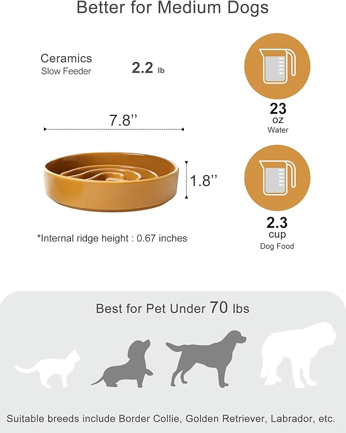 Ceramic Maze Dog Slow Feeder with Non-Slip Silicone Rim – Heavy-Duty Stoneware Bowl with Puzzle Pattern for Bloating & Obesity Prevention (Orange-M)