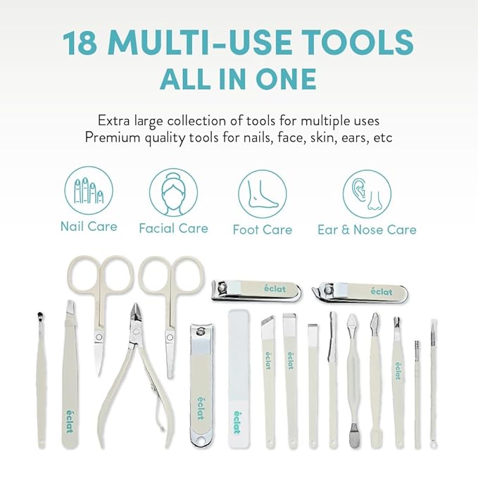 Éclat Manicure Pedicure Kit for Men & Women, 18Pcs Finger & Toe Nail Care Tools Includes Nail Clipper Cutter, Tweezer, File, Cuticle Pusher, Personal Care Professional Grooming Set With Travel Case