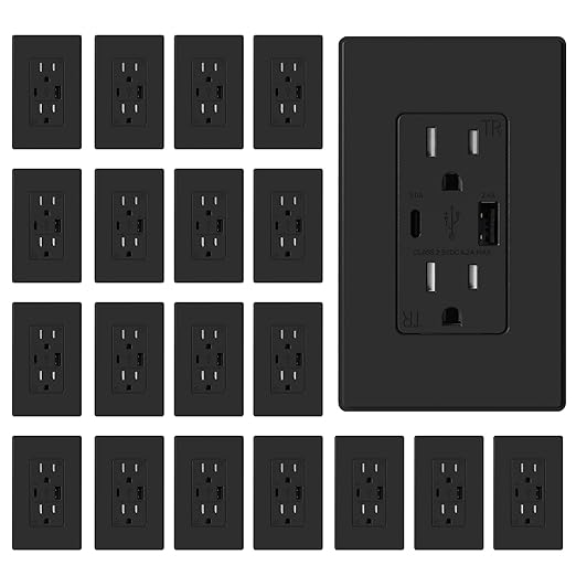 ELEGRP USB Charger Wall Outlet, USB A & C Ports, 15 Amp Duplex Receptacle Plug NEMA 5-15R, Wall Plate Included, UL Listed, 20 Pack, Matte Black