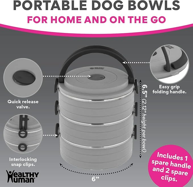Healthy Human Travel Pet Bento Bowls - Human-Grade Stainless Steel & BPA-Free, Leak-Proof Water & Food Container Set for Dogs & Cats, 2-Pack Interlocking Bowls, Includes Spare Clips & Handle (Gray)