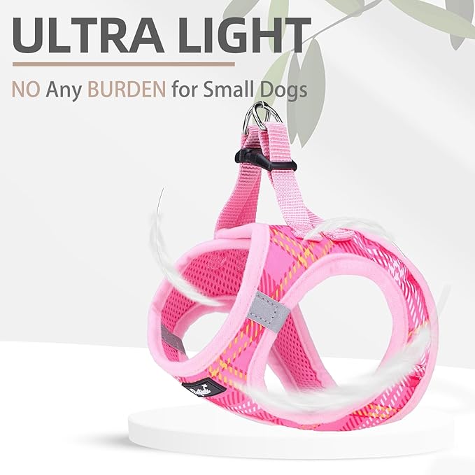 PUPTECK Dog Harness and Leash Set for Small Medium Dogs No Pull Step-in Soft Mesh Puppy Cat Vest Harnesses Reflective at Night, Plaid Pattern Pink S