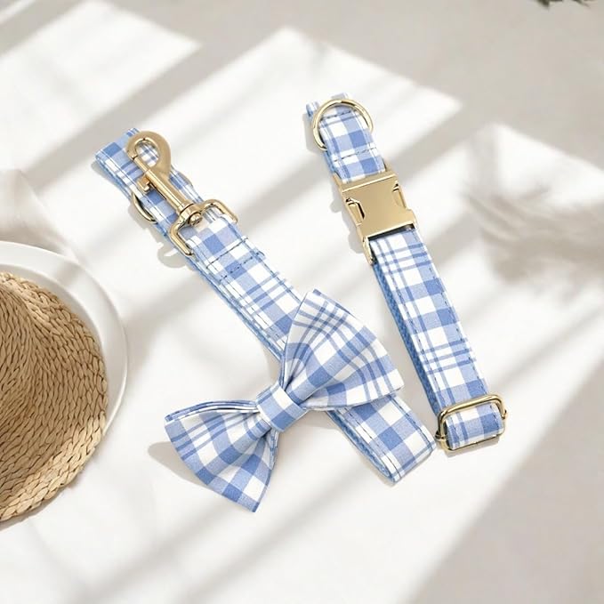 PETDURO Personalized Dog Collar Sky Blue Plaid for Large Medium Dogs | Engraved Name and Phone Number on Gold Metal Buckle for Boys & Girls | Add Leash & Bow Tie via Customize Now