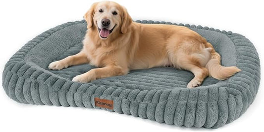 Cute Dog Bed for Extra Large Dogs, XL Washable Soft Plush Furry Calming Dog Bed with Removable Zipper Cover, Orthopedic Rectangle Anti-Anxiety Pet Kennel Bed with Handle, 43x31x5inches, Grey
