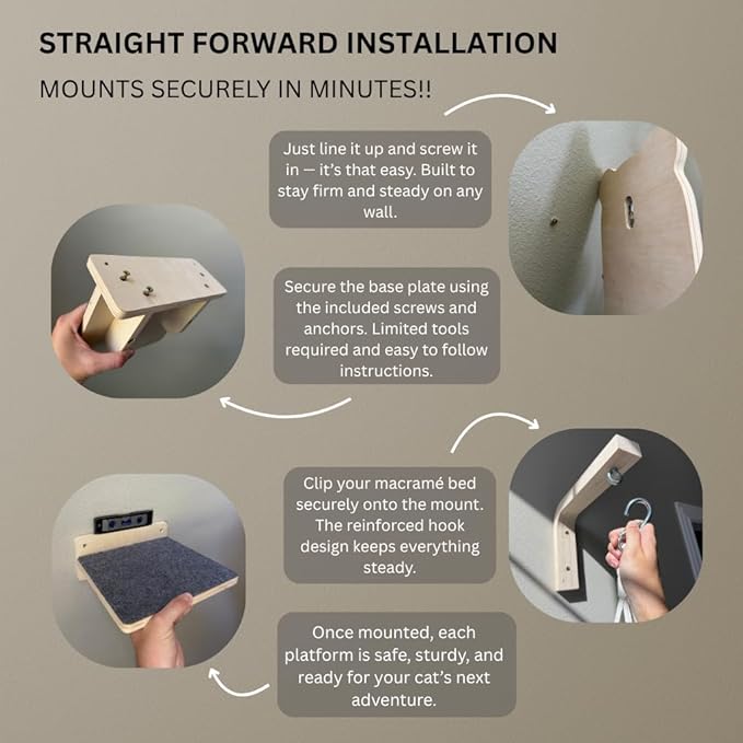 Modern Cat Wall Furniture Set – 5-Piece Hanging Shelves with Macramé Bed, Scratcher & Climbing Steps – Boho Wooden Cat Wall for Indoor Cats