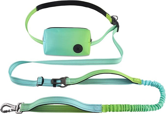 Roses&Poetry Hands Free Dog Leash with Zipper Pouch, 6-9ft Bungee Waist Leash for Medium Large Dogs Walking, Running Lead with Dual Padded Handles Car Safety Buckle for Training Jogging