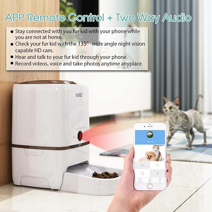 Iseebiz Automatic Pet Feeder with Camera, 6L App Control Smart Feeder Cat Dog Food Dispenser, 2-Way Audio, Voice Remind, Video Record, 6 Meals a Day for Medium Large Cats Dogs, Compatible with Alexa