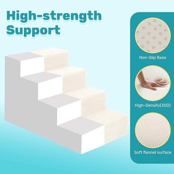 Dog Stairs for Bed, Extra Wide 4-Step Dog Steps for High Bed, High-Density Foam Pet Stairs with Non-Slip Removable Washable Cover for Small Pets, 18" H, Beige