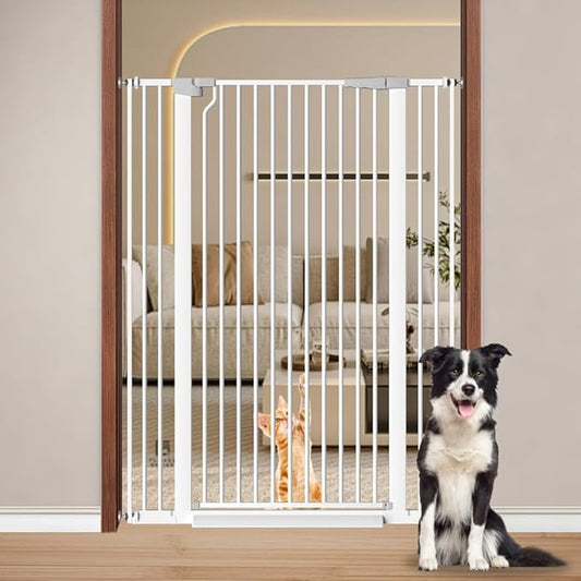 Fairy Baby 51.18" High Extra Tall Cat Gate, 29.5"-40.5" Wide Baby Gate for Stairs No Drill, Metal Auto Close Child Safety Gate Dog Gates for Doorways Pressure Mounted Walk Thru Swing Pet Gate, White