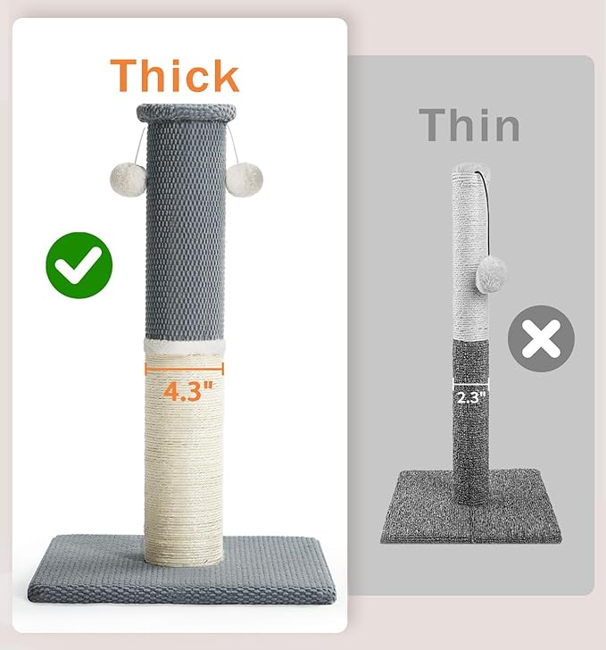 Made4Pets Tall Cat Scratching Post, Heavy Duty and Thicker Scratching Posts for Indoor Cats Adults, 33" Natural Sisal Cat Scratcher with Hanging Balls, Sturdy Base Cat Scratch Post, Light Grey