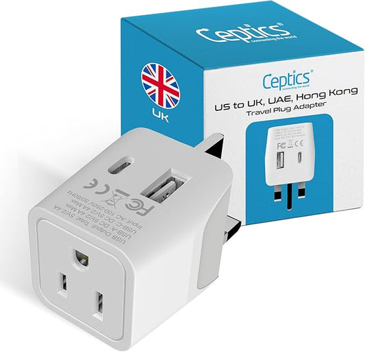 Ceptics UK adapters for travel to London, UAE, Hong Kong - USB-A, USB-C & USA Input - Compact Grounded Type G Plug - Use with Phones, Laptops,Cameras