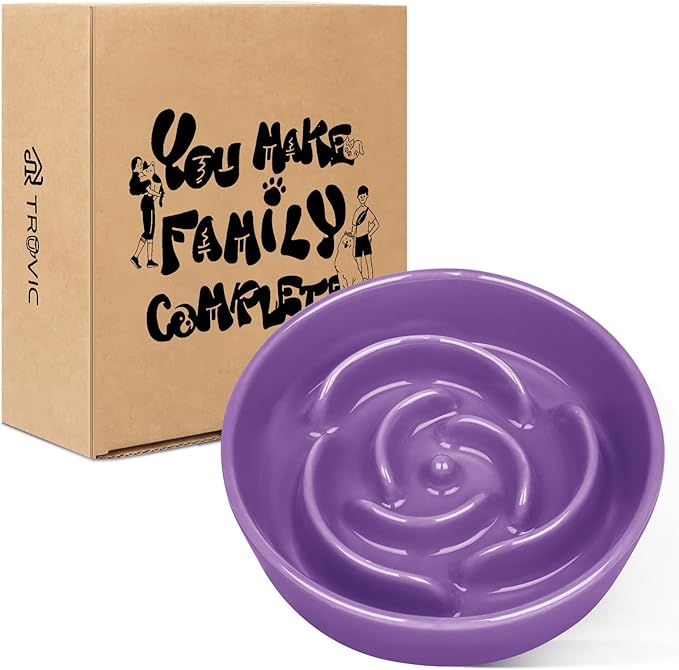 TRUVIC Ceramic Slow Feeder Dog Bowls, 1.5 Cup Puzzle Slow Feeder Bowls for Fast Eaters, Ceramic Dog Food Dish no Black Chin, Puzzle Bowl for Medium Dogs, Purple