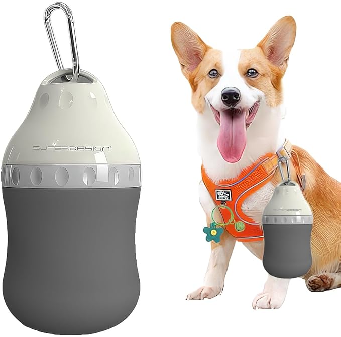 Dog Travel Water Bottle Detachable Bowl Leak Proof Portable ，Silicone Bottle Body，Collapsible and Suitable for Small Pets for Outdoor Walking, Hiking, Travel (Gray, 400ml)