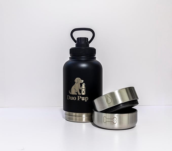 DuoPup 32oz Insulated Stainless Steel Pet Water & Food Bottle – Portable Leak-Resistant Dispenser with Two Detachable Bowls & Carrying Strap – Travel, Hiking & Outdoor Pet Hydration – Black