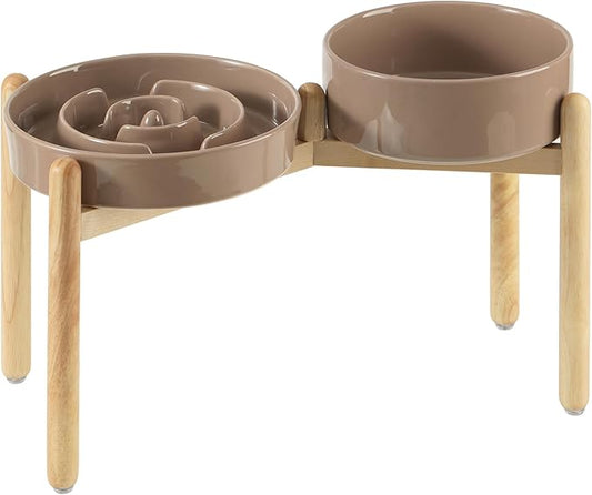 3.2 Cup Ceramic Raised Slow Feeder Dog Bowl Set, Elevated 8.2inch Bowl and 9.5inch Puzzle Slow Food Dish with Wooden Stand for Large Dog, Anti-Gulping (2 x Brown Coffee+ Stand)