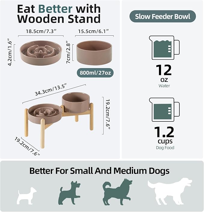 Ceramic 1.2 Cup Raised Slow Feeder Dog Bowl Set, Elevated 6.1inch Bowl and 7.3inch Puzzle Slow Food Dish with Wooden Stand for Medium and Small Dog, Anti-Gulping (2 x Brown Coffee+ Stand)