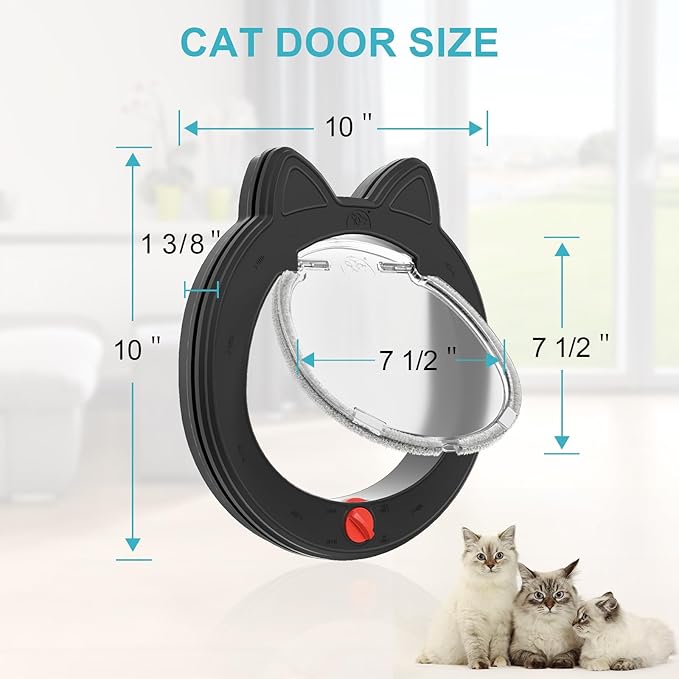 ClawJaw Pet Door, Cat Door for Interior Exterior Doors, 7.5" x 7.5" Inner Frame, 4-Way Locks, for Cats and Small Dogs, Easy to Install, Suitable for Interior and Exterior Doors, Black