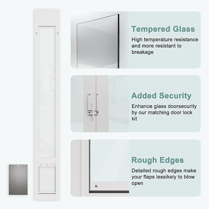 Doggy Door for Sliding Glass Doors, Adjustable Height 76 1/8"-80 7/8" Aluminum Frame Tempered Sliding Door Dog Doors Insert with Lock,Medium Transparent 7" x 11" Flap Size for Large Dogs