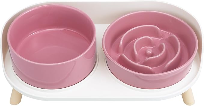 Elevated Slow Feeder Dog Bowls - Ceramic Food and Water Bowl Set with Stand - Raised Pet Dishes for Small and Medium Sized Dogs