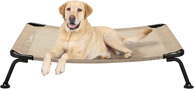 Veehoo Outdoor Elevated Dog Bed, Cooling Raised Dog Cots Beds for Large Dogs, Portable Waterproof Curved Dogs Hammock Bed for Outside, up to 120lbs, Black Legs, Beige 42"