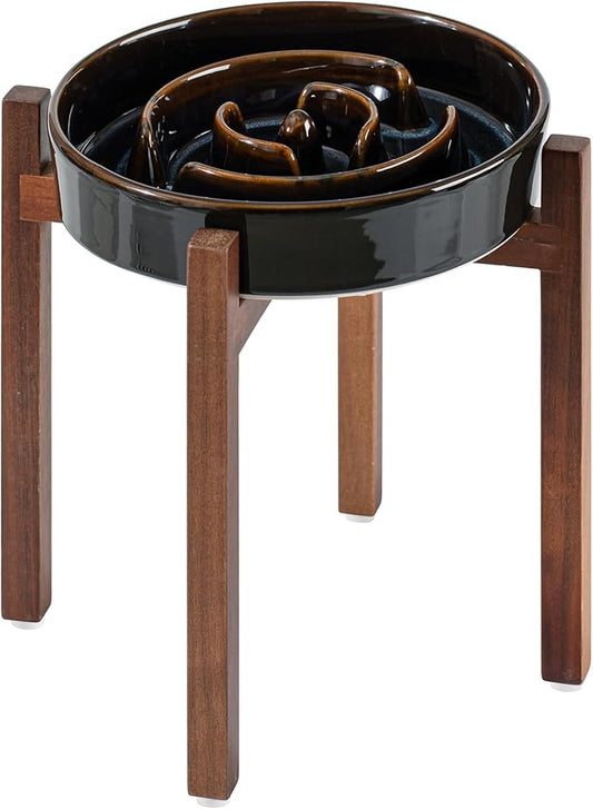 Ceramic 3.2 Cup Raised Slow Feeder Dog Bowl Set, Elevated Acacia Wood Stand for Large Dog, 9.5inch Slow Dish, Preventing Choking(Single Bowl+ Stand, Starry Sky)