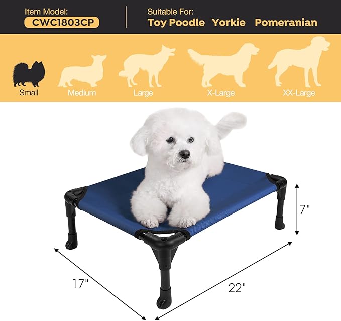 Veehoo Outdoor Elevated Dog Bed for Small Dogs, Cooling Raised Dog Cots Beds Training Platform Off Ground Hammock with Breathable Mesh, No-Slip Feet, 22"x17", Blue