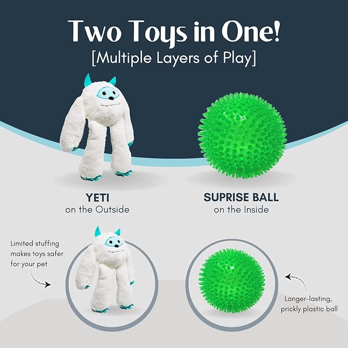 Flourish Pets 3-in-1 Multi-Layer Dog Toys for Aggressive Chewers | Non-Toxic BPA Free Double Stitched Soft Fabric Exterior | Long-Lasting Dog Plush Toys Small Yeti 8"