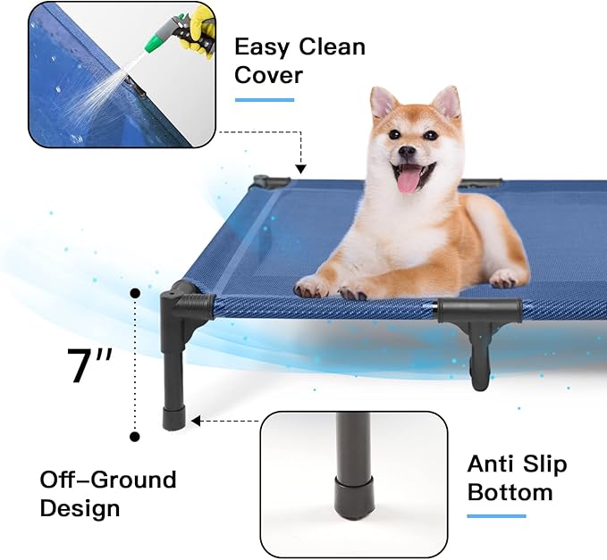 suddus Elevated Dog Bed for Medium Dogs, Dual Support Cooling Cot with Teslin Mesh, Portable Waterproof Pet Bed for Indoor/Outdoor Use, Large, 36x30x7 Inch, Blue