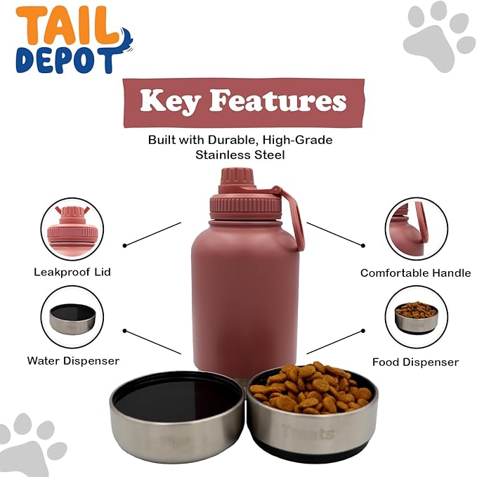 Tail Depot Snack Tank Dog Water Bottle Portable, Pet Water Bottles for Puppy with Food Container, Leak Proof Pet Dispenser for Cats, Small Animals, Dog Gift Accessories Walking, Hiking (1 Liter)