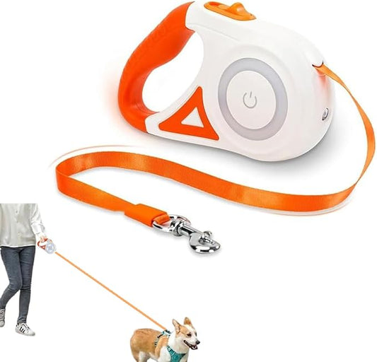 Best Dog Supplies Luminous Retractable Dog Leash with Front Safety Led Light - 5M/16ft 360°Tangle-Free Training Leash for Ultimum Freedom with Anti Slip Handle Dogs & Cats - Orange