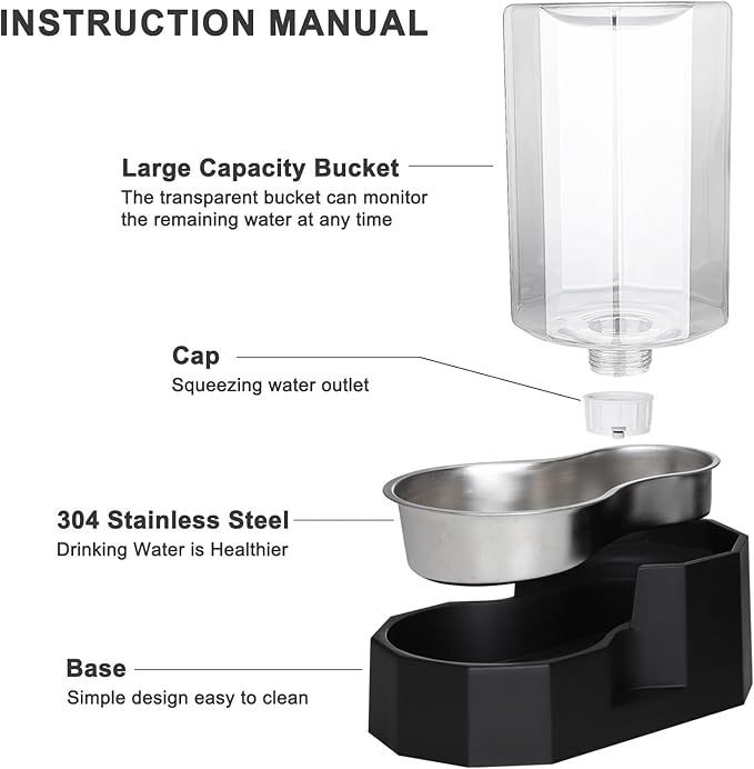 Sfozstra Dog Water Bowl Dispenser: 7L Large Black Gravity Stainless Steel Bowl - with Specialized Brush - Pet Feeder for Pets with Spinal Problems - Use in Garage Garden