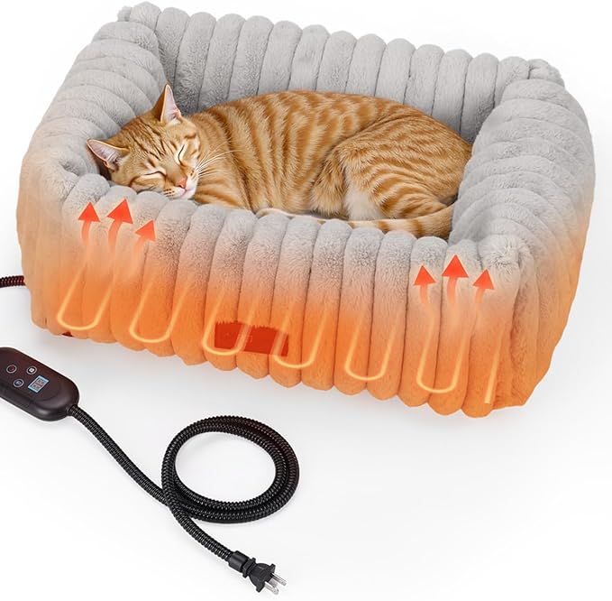 Heated Cat Bed Indoor, Pet Bed with 6 Temperature & 5 Timer Settings, Fluffy Cat Couch with Removable Machine-Washable Cover for Dogs Kitten Puppy in Winter, UL & FCC Certified, Small, Grey