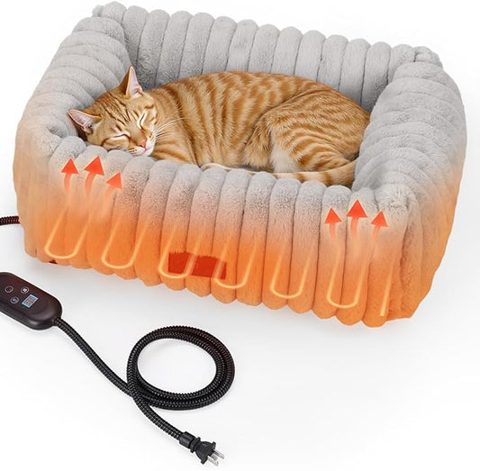 Heated Cat Bed Indoor, Pet Bed with 6 Temperature & 5 Timer Settings, Fluffy Cat Couch with Removable Machine-Washable Cover for Dogs Kitten Puppy in Winter, UL & FCC Certified, Small, Grey