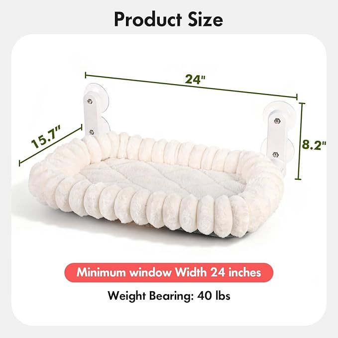 Cat Window Perch with Bolster, Cordless Foldable Cat Window Hammock with Strong Suction Cups & Metal Frame, Machine Washable Pet Bed for Indoor Cats (White, Medium)