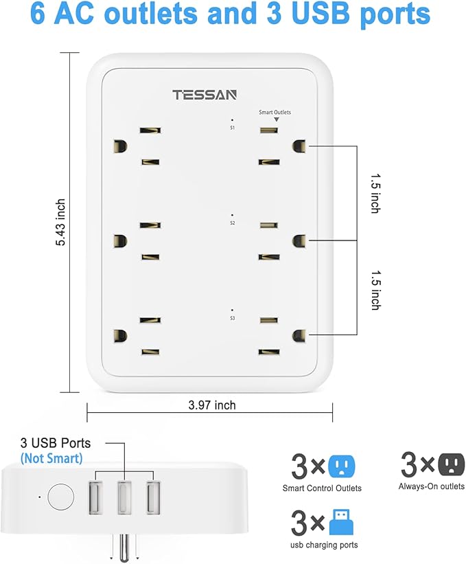TESSAN Smart Power Strip with 6 Outlet 3 USB, WiFi Wall Smart Outlet Plug with 3 Remote Controll Outlets, Compatible with Alexa Google Assistant for Home Office, Only 2.4 GHz Wi-Fi