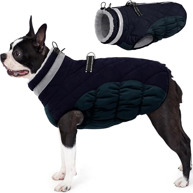 AOFITEE Dog Coat, Warm Dog Jacket, Reflective Winter Coats for Medium Dogs, Turtleneck Dogs Winter Jacket with Harness Built in, Waterproof Windproof Pet Fleece Vest Puffer Jacket, Navy M