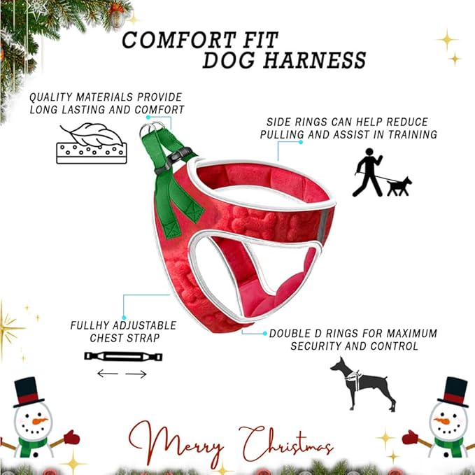 Comfort Fit Christmas Step-in Dog Harness All-Weather Dog & Puppy Harness Adjustable Soft Padded No-Pull Holiday Vest for Small & Medium Dogs Easy to Put On Secure Buckle Fit (Plush Both Side Velvet)