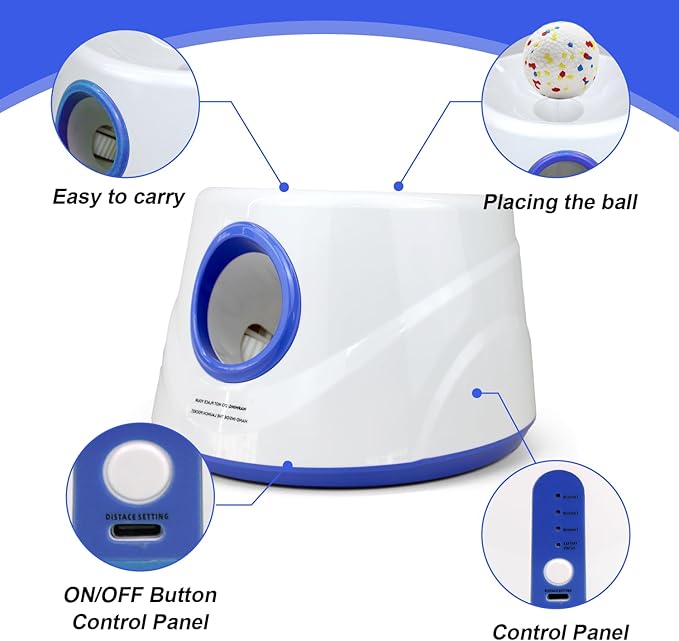 Automatic Dog Ball Launcher with 6 ETPU Balls, Adjustable Distance 20-45ft, USB Rechargeable, Interactive Pet Toy (Blue)