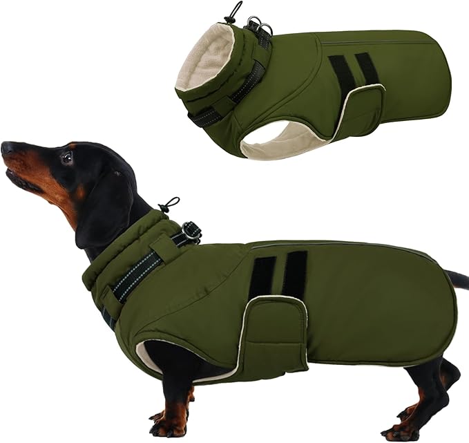 IECOii Small Dog Coat, Waterproof Dog Snow Jacket with Built in Collar, Thermal Fleece Lined for Cold Weather, Safety Reflective Dogs Winter Coat for Nighttime Walks, Easy On/Off, Army Green - M