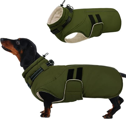 IECOii Small Dog Coat, Waterproof Dog Snow Jacket with Built in Collar, Thermal Fleece Lined for Cold Weather, Safety Reflective Dogs Winter Coat for Nighttime Walks, Easy On/Off, Army Green - M