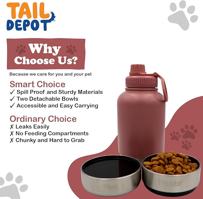 Tail Depot Snack Tank Dog Water Bottle Portable, Pet Water Bottles for Puppy with Food Container, Leak Proof Pet Dispenser for Cats, Small Animals, Dog Gift Accessories Walking, Hiking (1 Liter)